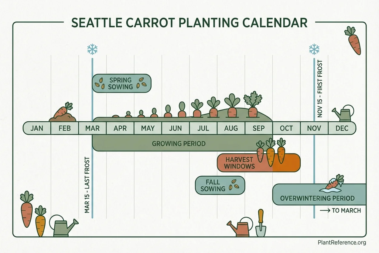 Seattle carrot planting calendar showing spring and fall sowing dates for Zone 8b year-round growing