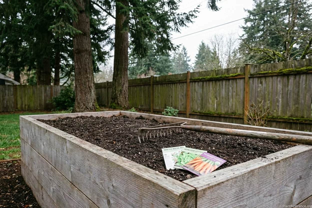 Cedar raised bed filled with amended soil ready for carrot planting in Seattle garden