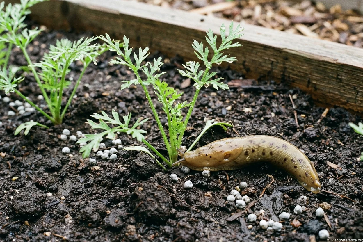 Slug damage on young carrot seedlings in Seattle Pacific Northwest garden