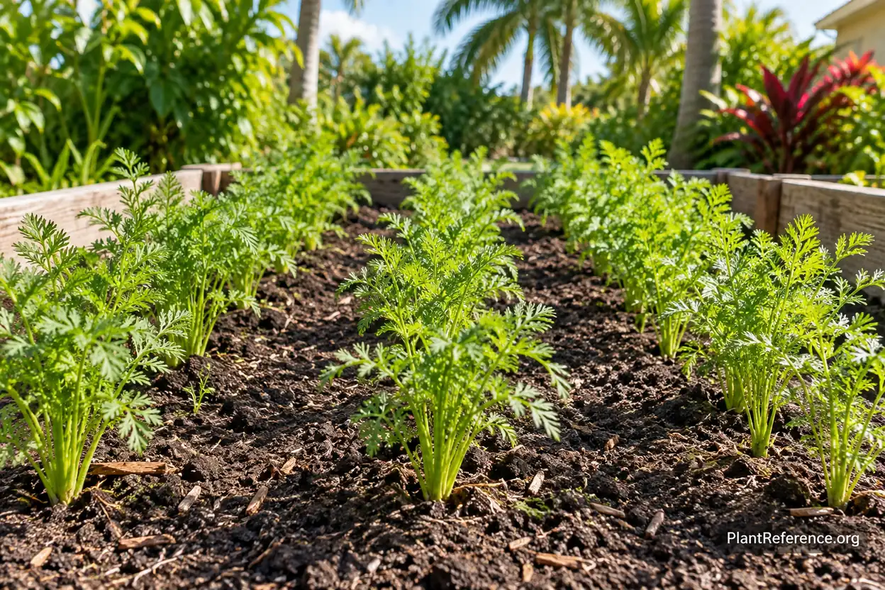 Well-spaced carrot rows in Miami raised bed with good drainage for tropical conditions