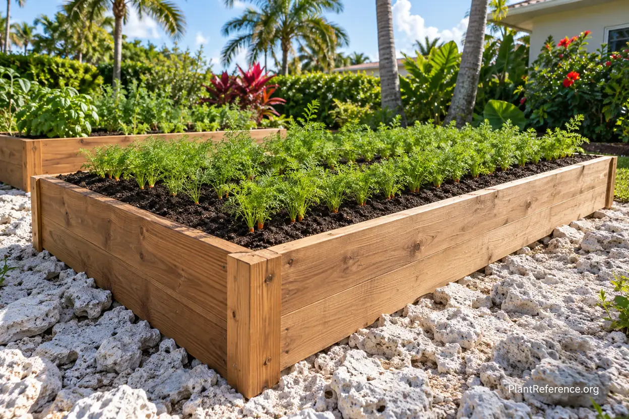 Raised bed built above oolitic limestone bedrock in Miami for growing carrots