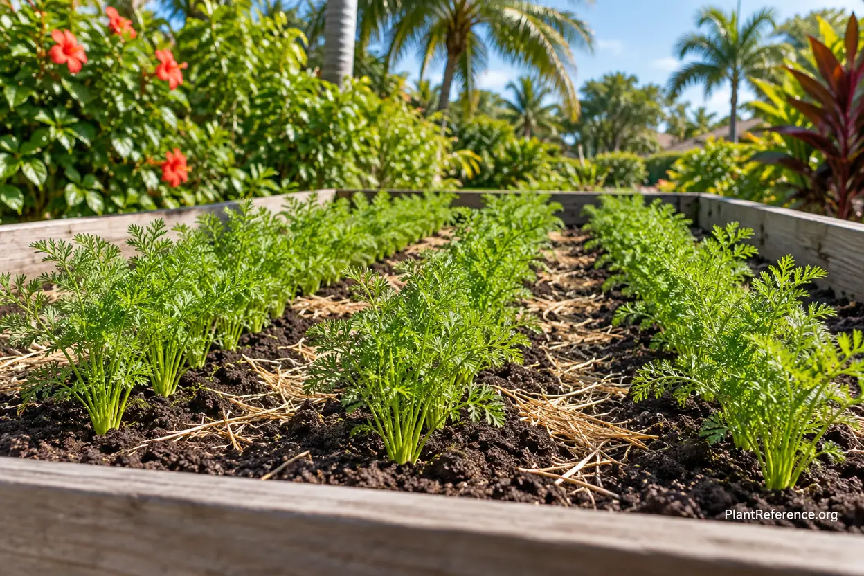 Carrot rows in Miami raised bed with thin straw mulch and tropical plants