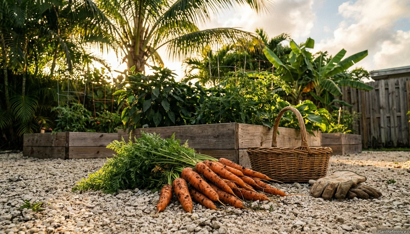Fresh carrots harvested from a Miami Zone 10b garden with tropical plants