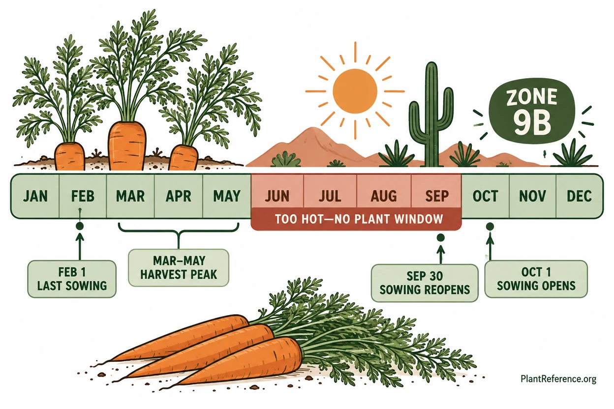 Phoenix carrot planting calendar showing October to February sowing window and no-plant summer window for Zone 9b