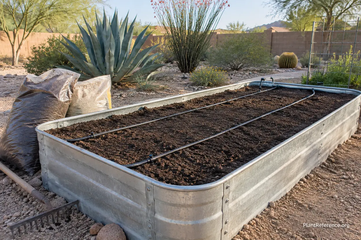 Galvanized raised bed prepared with amended desert soil for Phoenix carrot planting