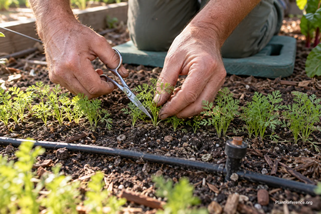 Hand thinning young carrot seedlings to proper spacing in Phoenix raised bed garden