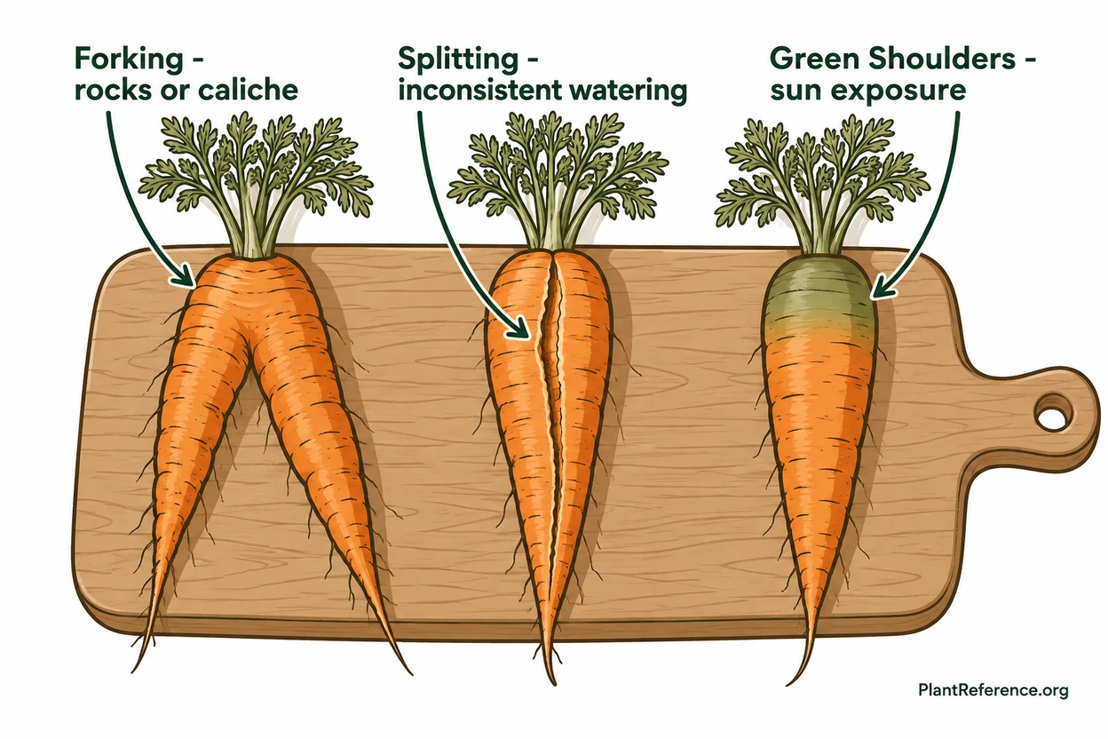 Common carrot growing problems forked split and green-shouldered roots from Phoenix garden
