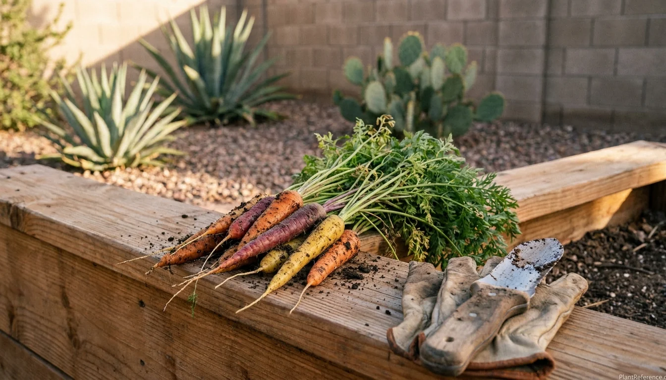 Freshly harvested carrots from Phoenix Zone 9b garden with desert landscape background