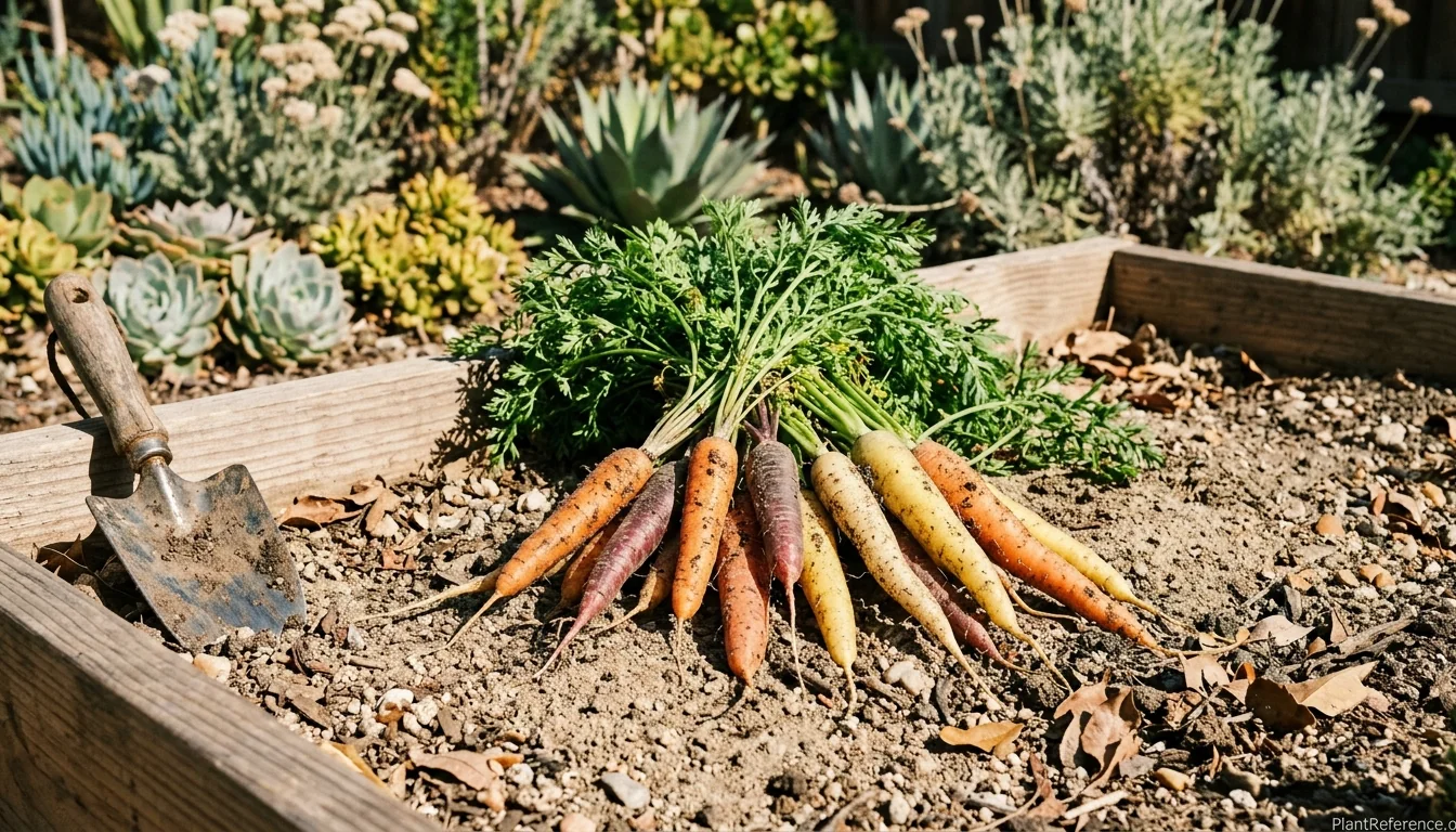 Freshly pulled rainbow carrots arranged on a Southern California garden bed for Zone 10b harvest