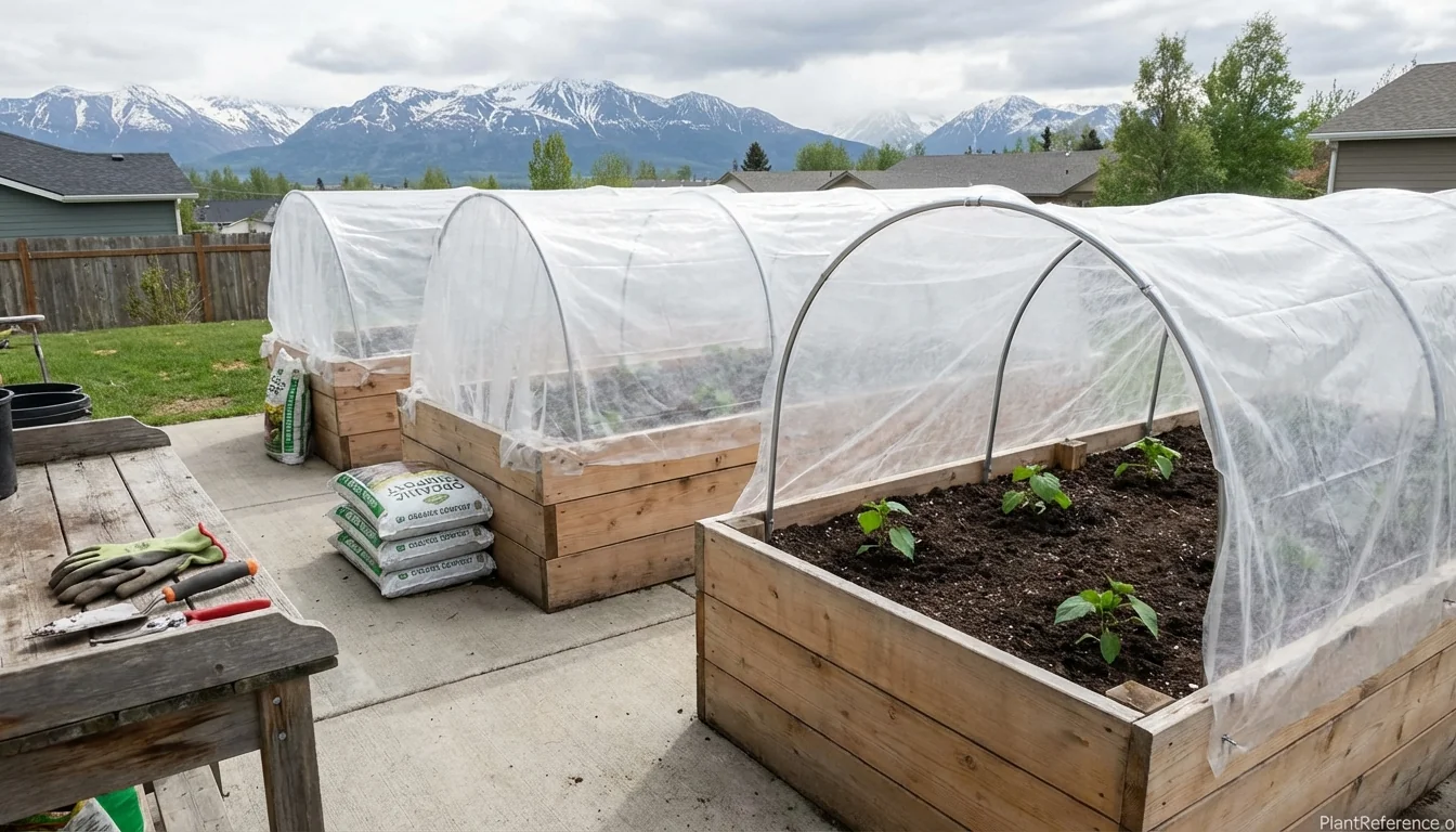 Cucumber plants growing in Anchorage garden with protective row covers for Zone 4b climate