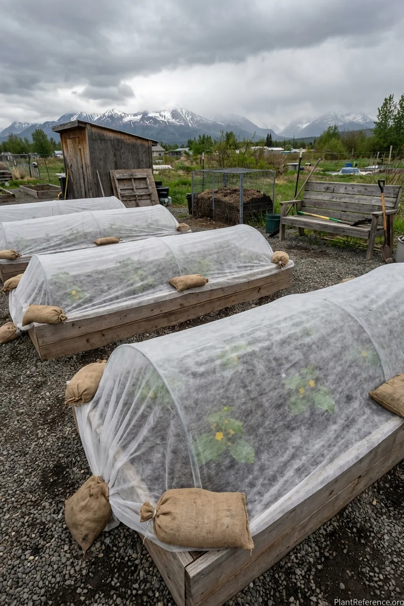 Protecting cucumber transplants with row covers in Anchorage Alaska Zone 4b garden