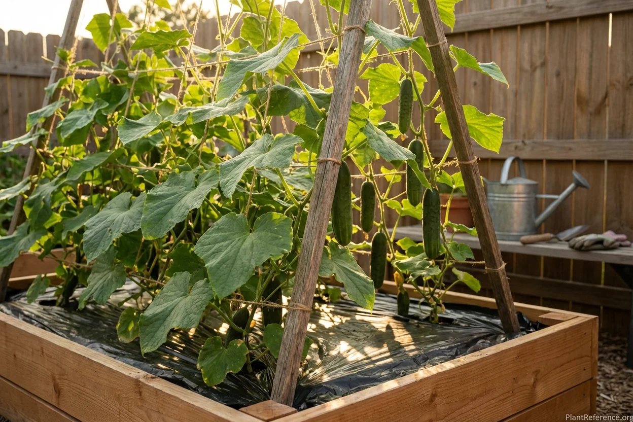 Vertical cucumber growing on trellis in Anchorage Alaska garden for space efficiency
