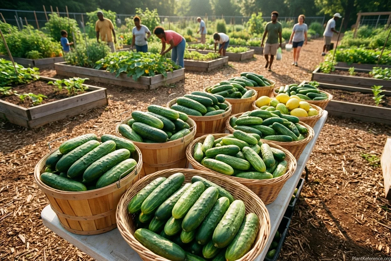 Fresh cucumbers from Atlanta community garden harvest in baskets for sharing