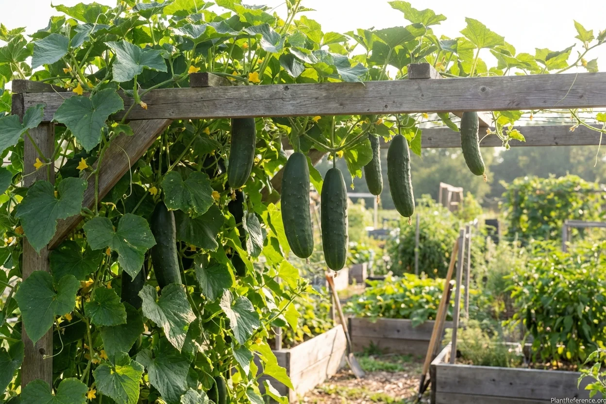 Dark green Marketmore 76 cucumbers growing on trellis in Atlanta Zone 8a community garden