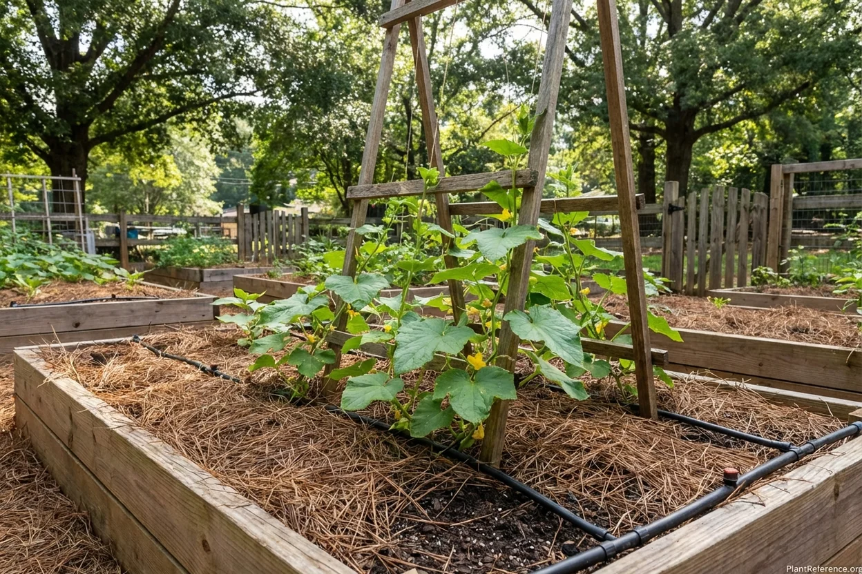 Heavy mulch and drip irrigation on cucumber bed in Atlanta Zone 8a community garden
