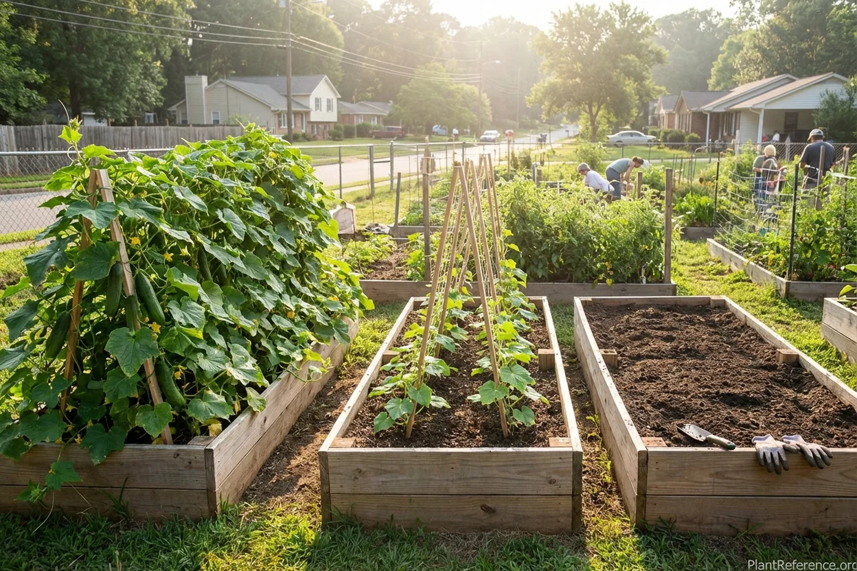 Cucumber succession planting in Atlanta community garden with plants at different growth stages