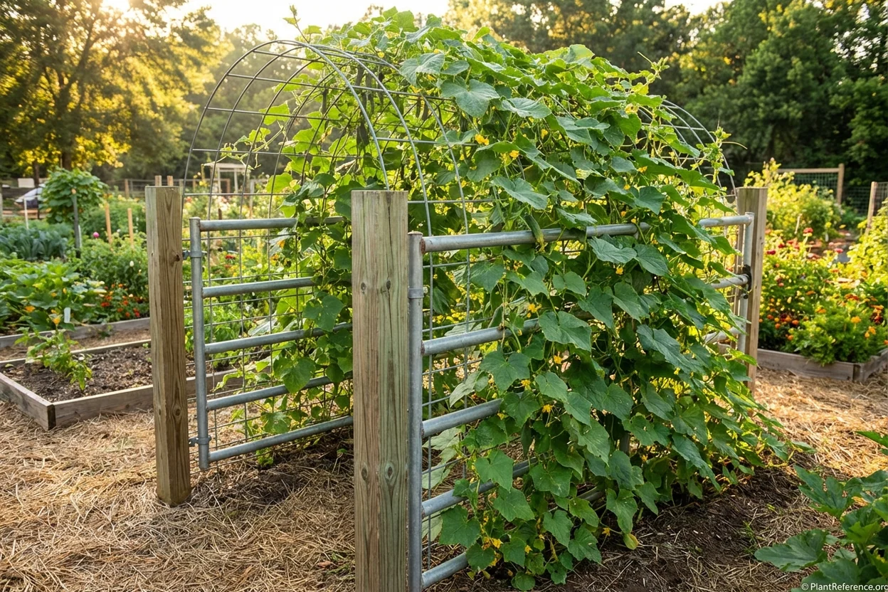 Sturdy cattle panel cucumber trellis in Atlanta Zone 8a community garden