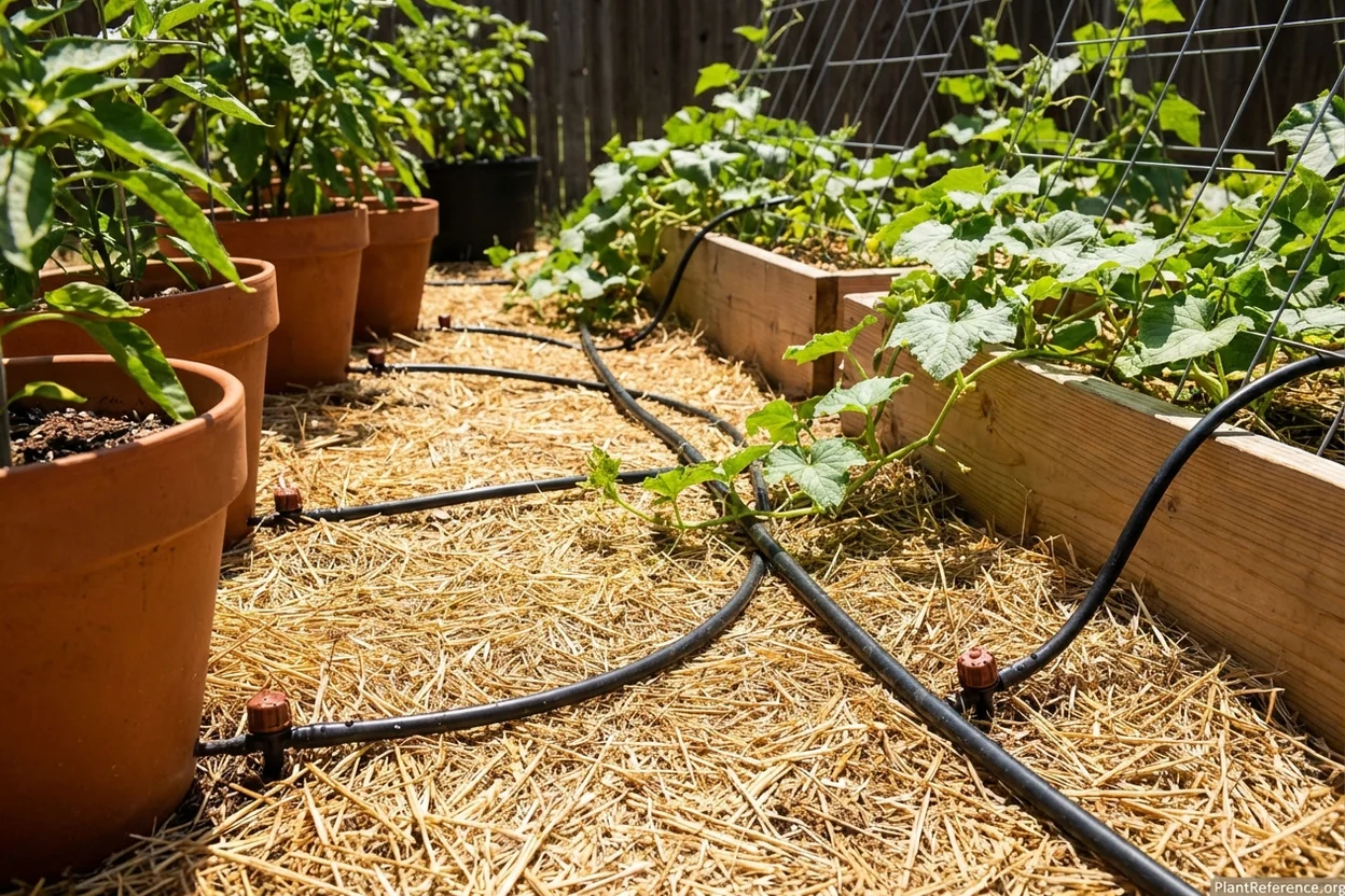 Drip irrigation system on cucumber containers and raised bed in Austin garden