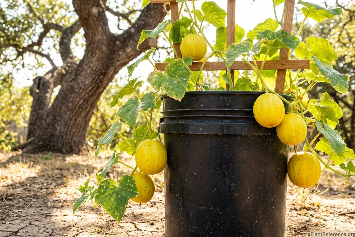 Lemon cucumbers growing in five-gallon bucket container in Austin Zone 8b garden