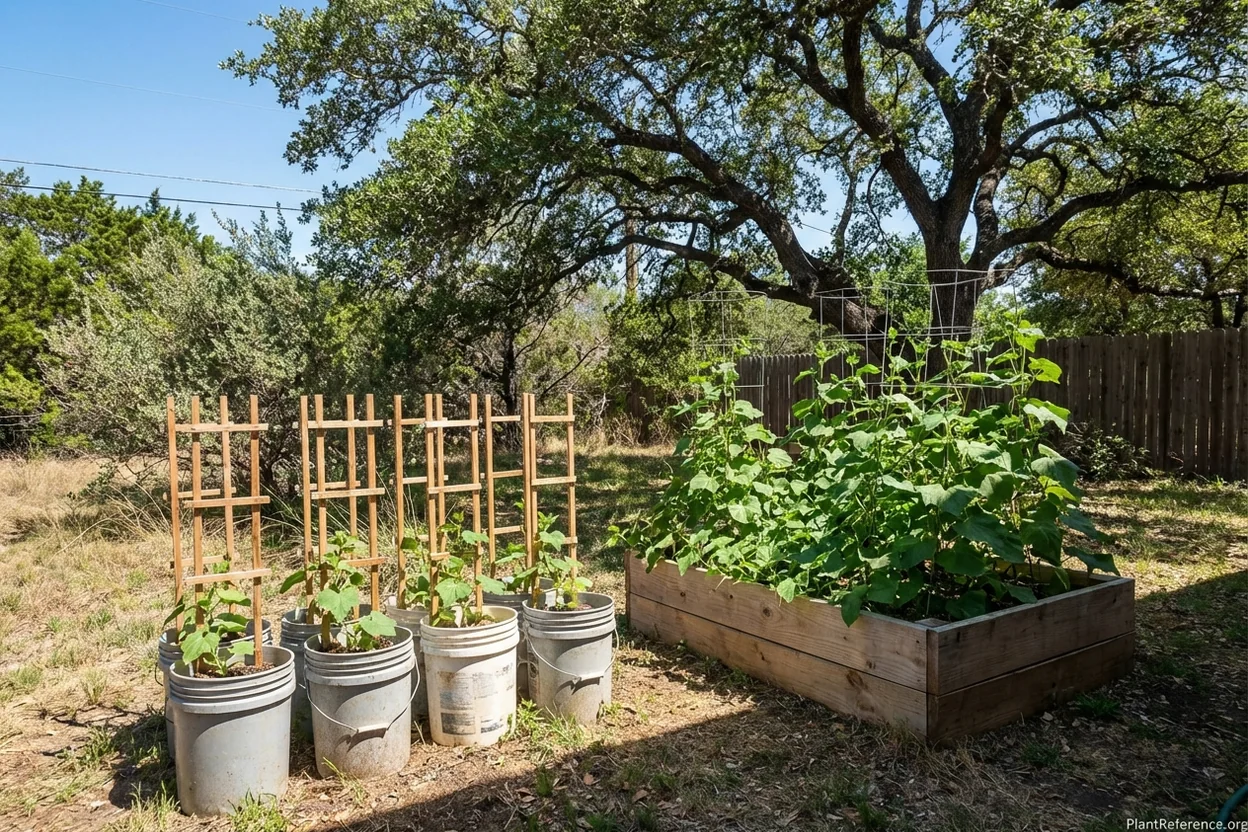 Five-gallon bucket containers and raised bed with cucumbers in Austin Zone 8b garden