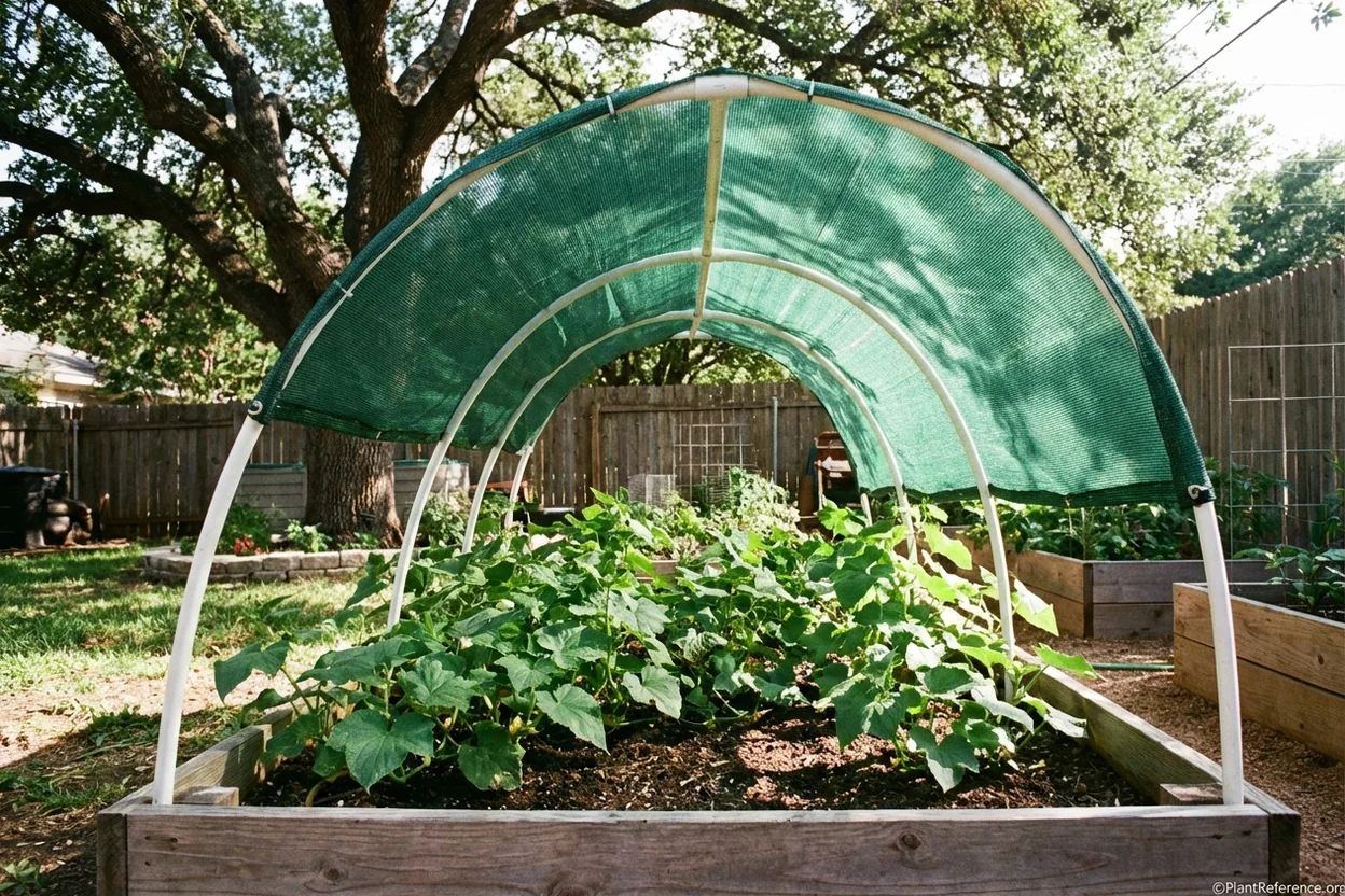 DIY shade cloth structure over cucumber bed in Austin Zone 8b garden