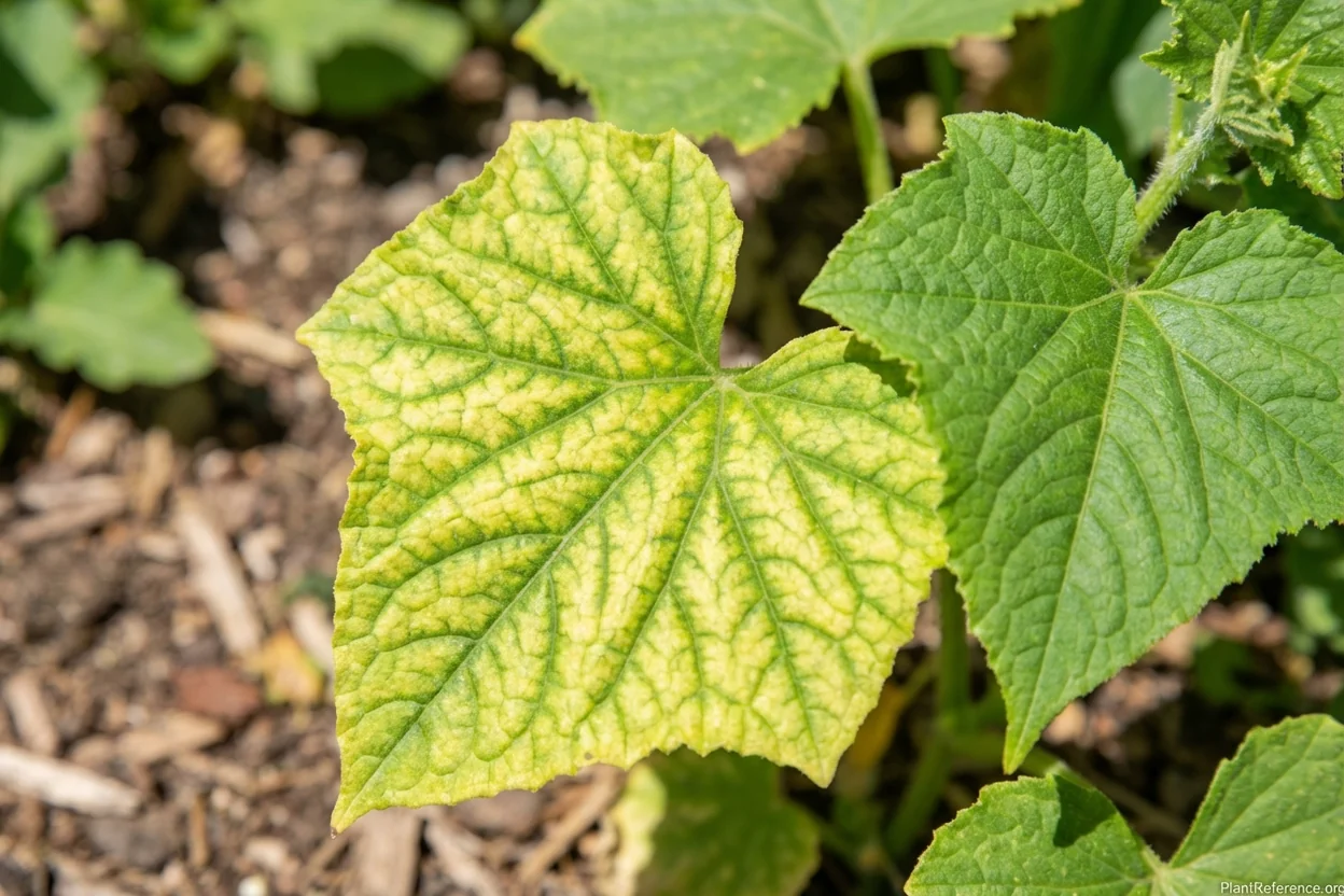Interveinal chlorosis on cucumber leaf from alkaline soil in Boise garden