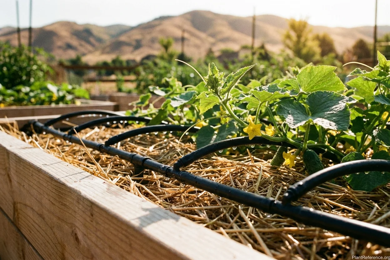 Drip irrigation delivering water to cucumbers in Boise Zone 6a raised bed garden