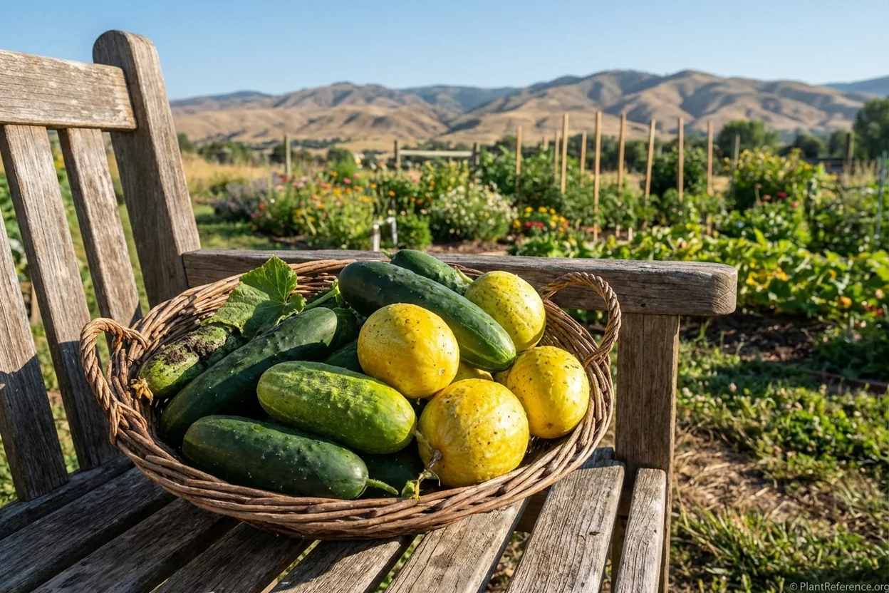 Fresh cucumbers from Boise Zone 6a garden in harvest basket