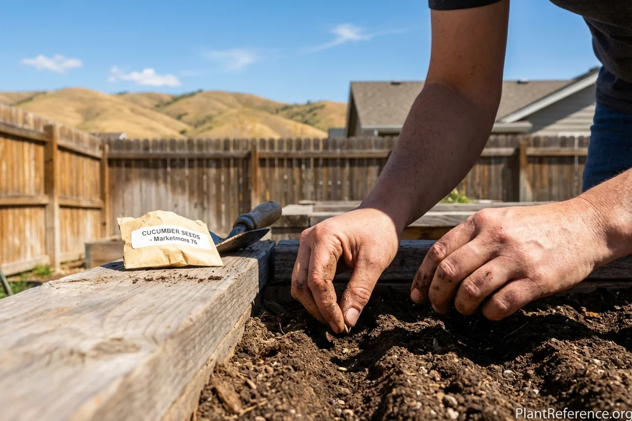 Planting cucumber seeds in raised bed in Boise Zone 6a garden