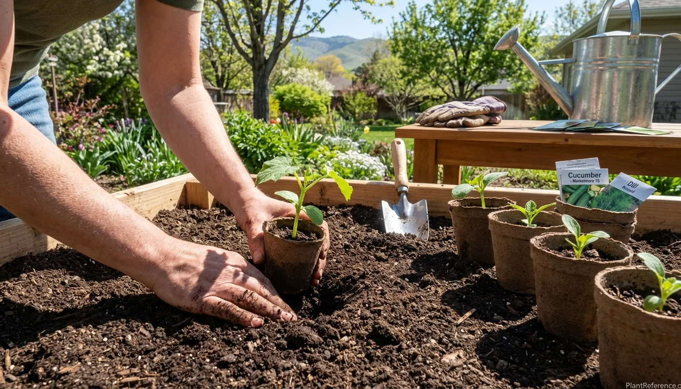 Boise gardener transplanting cucumber seedlings into prepared garden bed in Zone 6a spring conditions