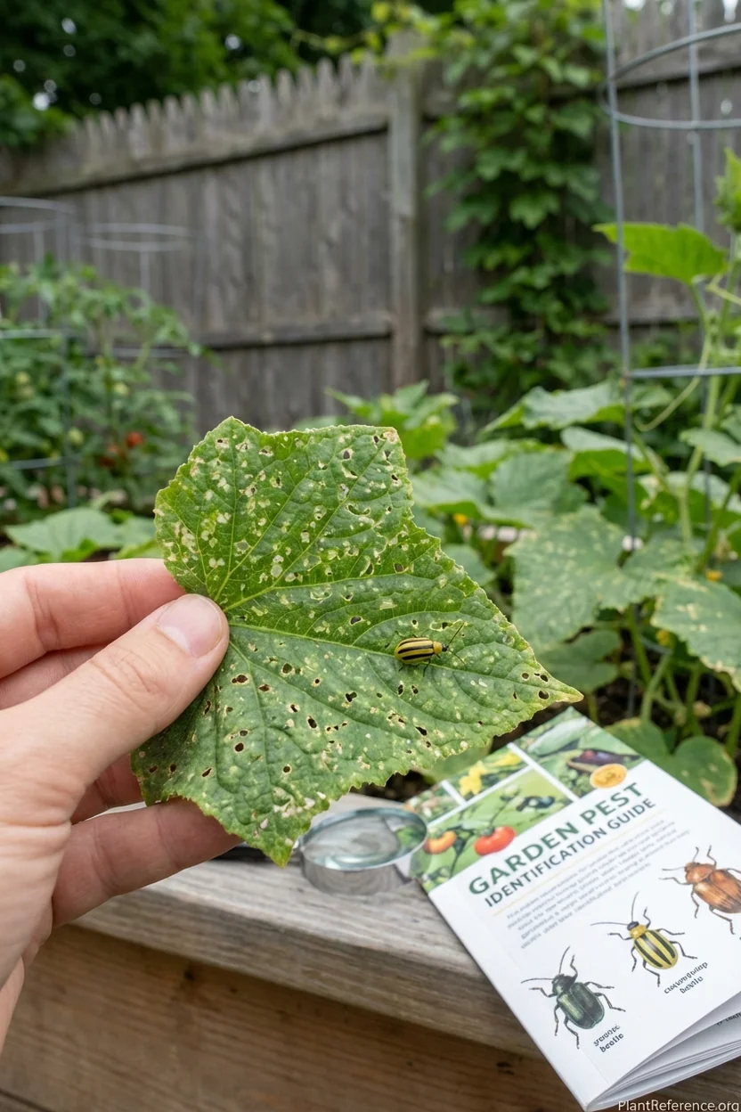 Cucumber beetle feeding damage on cucumber leaves in Boston Zone 6b garden with identification guide