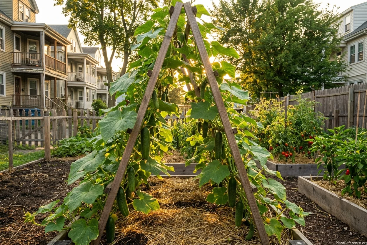 Vertical cucumber growing system in Boston Zone 6b garden with proper spacing and organic mulch