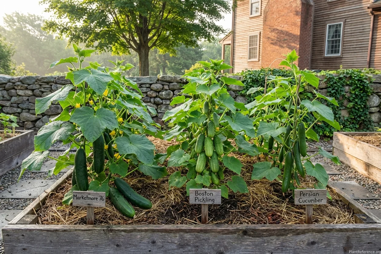 Marketmore 76, Boston Pickling, and Persian cucumber varieties growing in Massachusetts Zone 6b garden