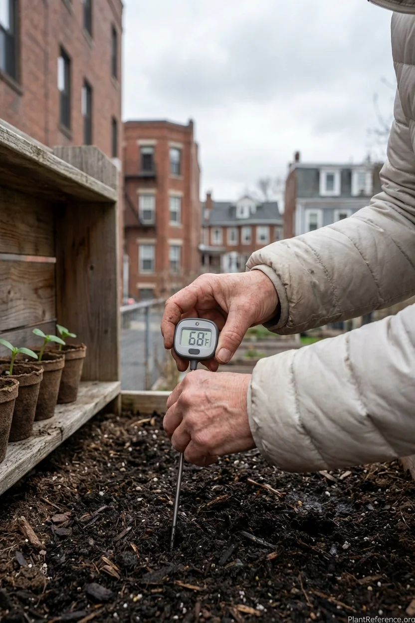 Testing soil temperature with thermometer in Boston garden before planting cucumbers in Zone 6b