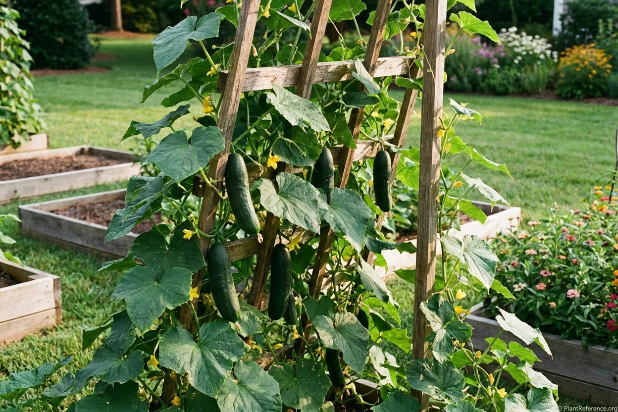 Marketmore 76 cucumbers growing on trellis in Charlotte Zone 7b Piedmont garden