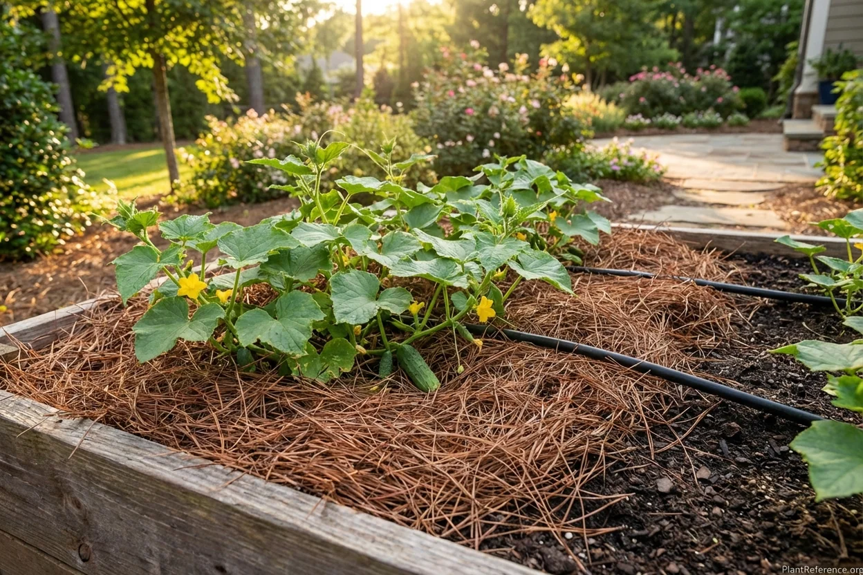 Pine straw mulch preventing soil splash on cucumbers in Charlotte Zone 7b garden