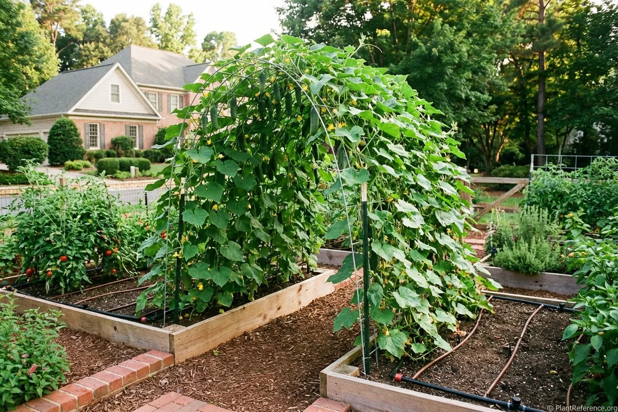 Vertical cucumber trellis with drip irrigation in well-designed Charlotte Zone 7b garden