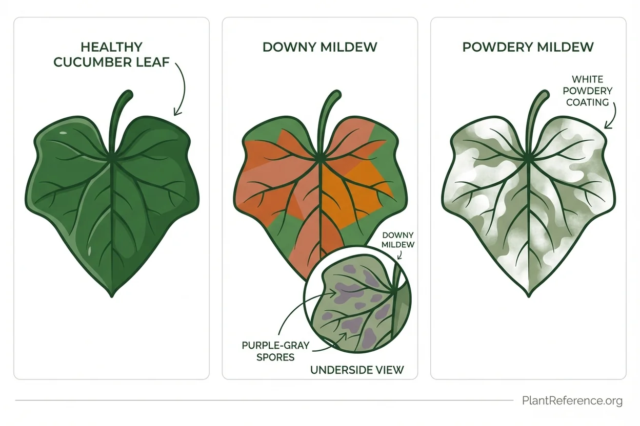 Cucumber leaf disease identification showing downy mildew and powdery mildew symptoms