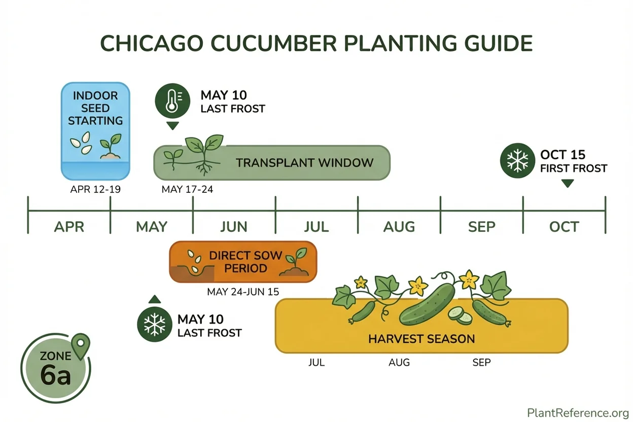 Chicago cucumber planting calendar showing indoor start, transplant, and direct sow dates for Zone 6a