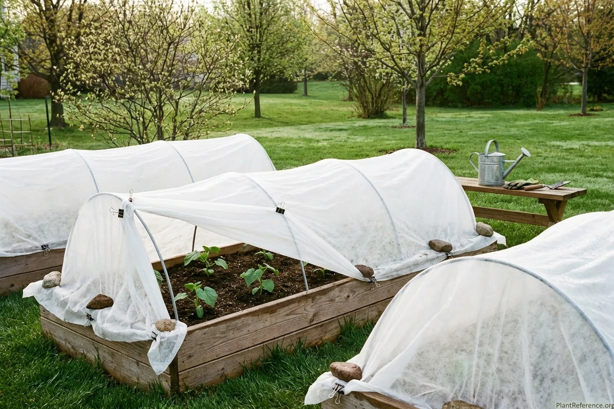 Floating row covers protecting young cucumber transplants in Chicago spring garden