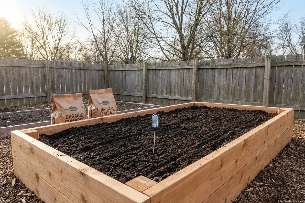 Raised garden bed with amended soil ready for cucumber planting in Chicago garden