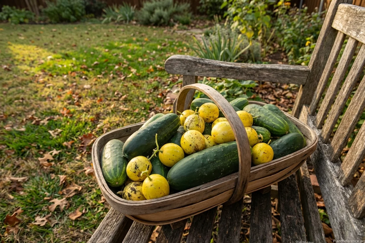 Fresh cucumbers from Dallas fall garden harvest in October cooler weather