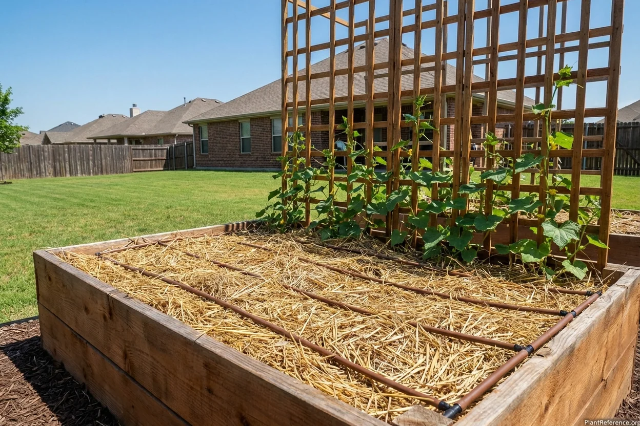 Raised bed with drip irrigation heavy mulch and trellis for cucumbers in Dallas garden