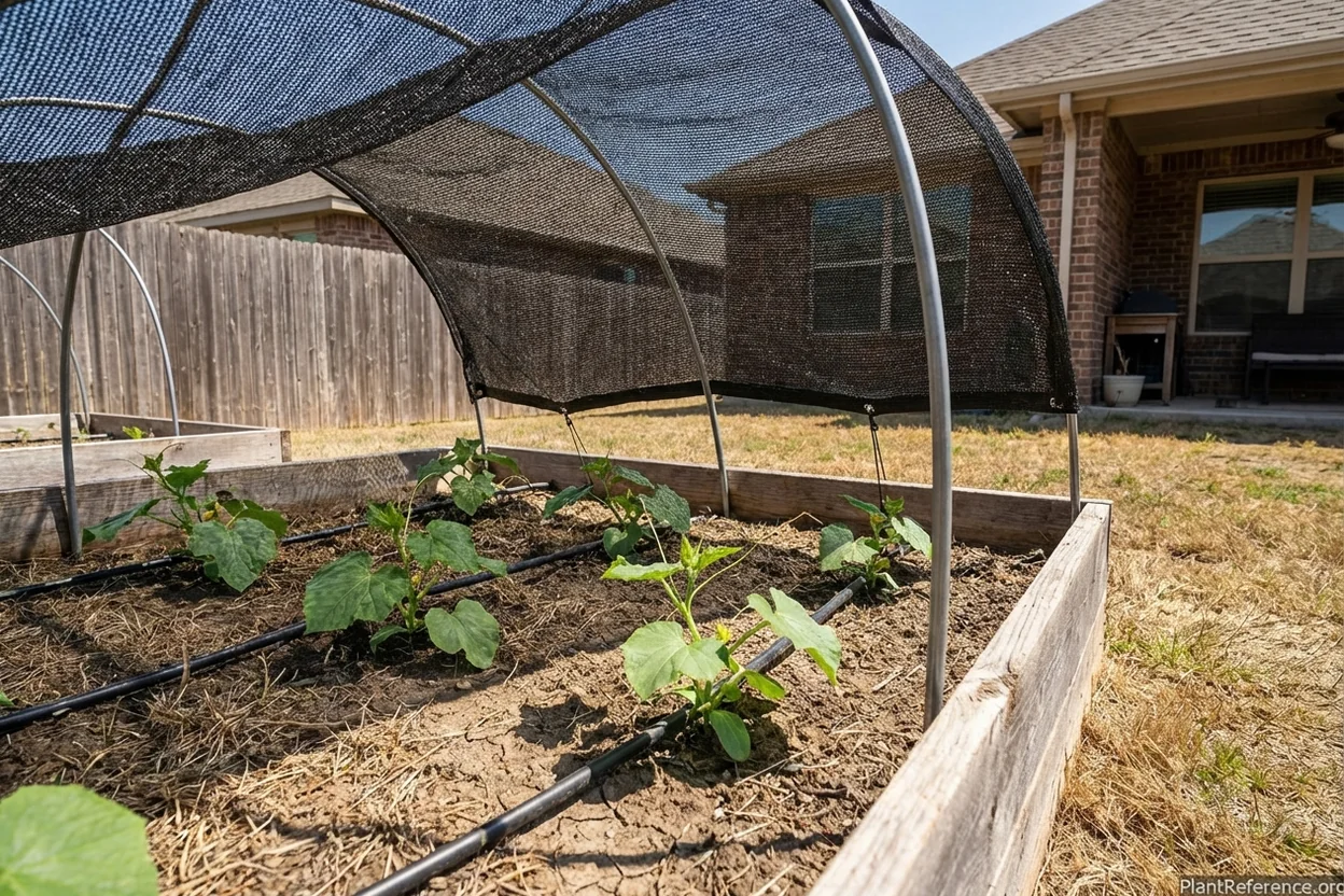 Shade cloth protecting cucumber transplants from intense Dallas summer sun