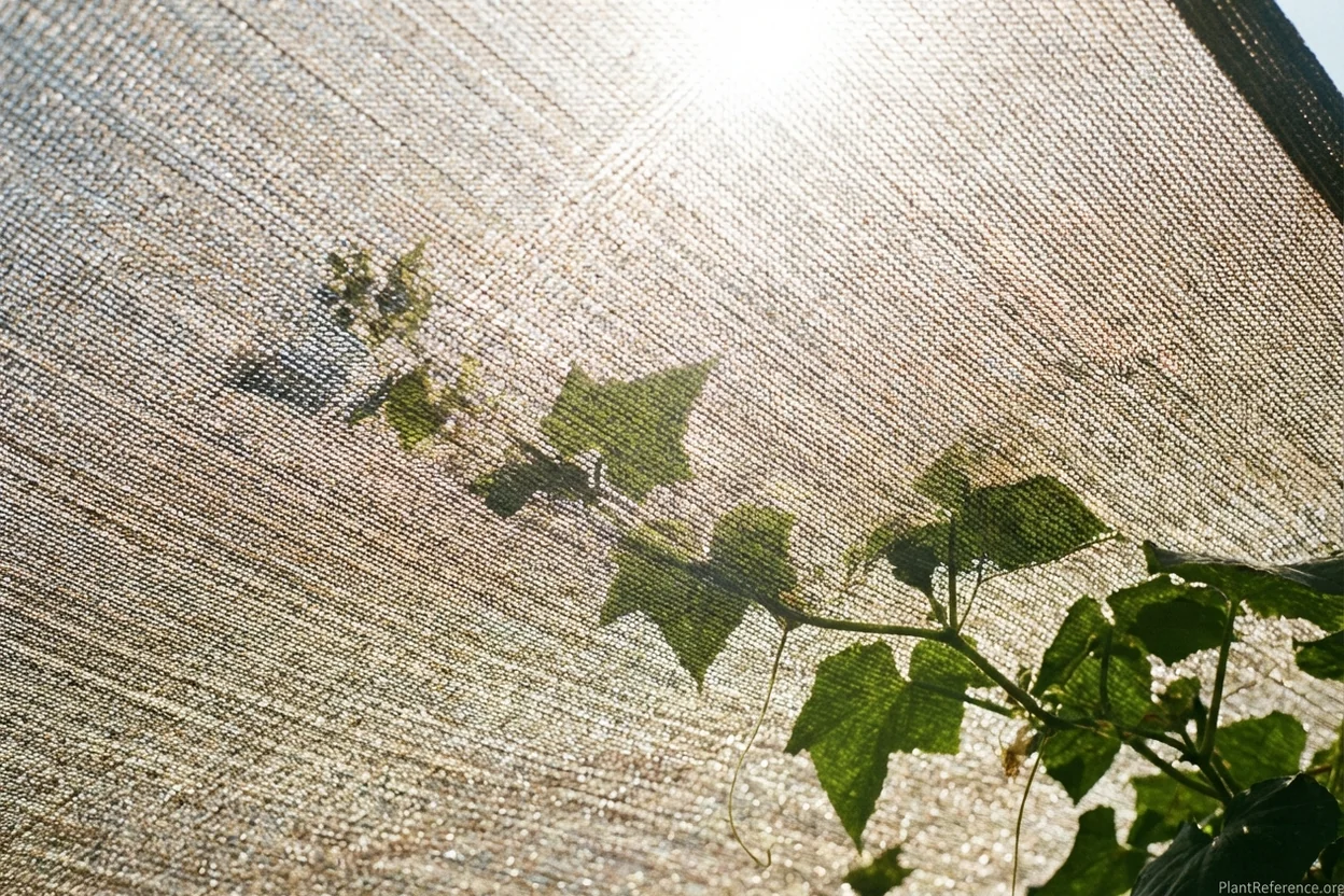 Shade cloth filtering intense Texas sunlight over cucumber plants in Dallas garden