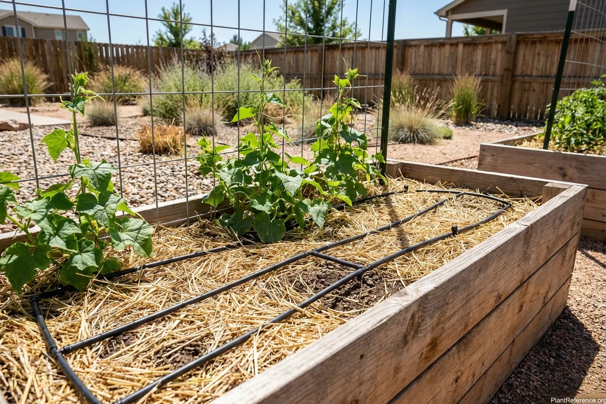 Drip irrigation system with straw mulch on cucumber raised bed in Denver garden