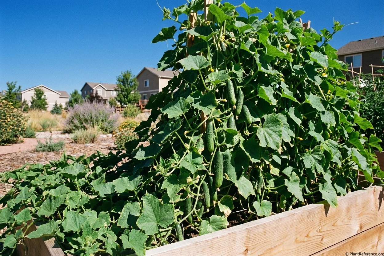 Persian cucumbers growing in Denver Zone 5a raised bed with Colorado blue sky