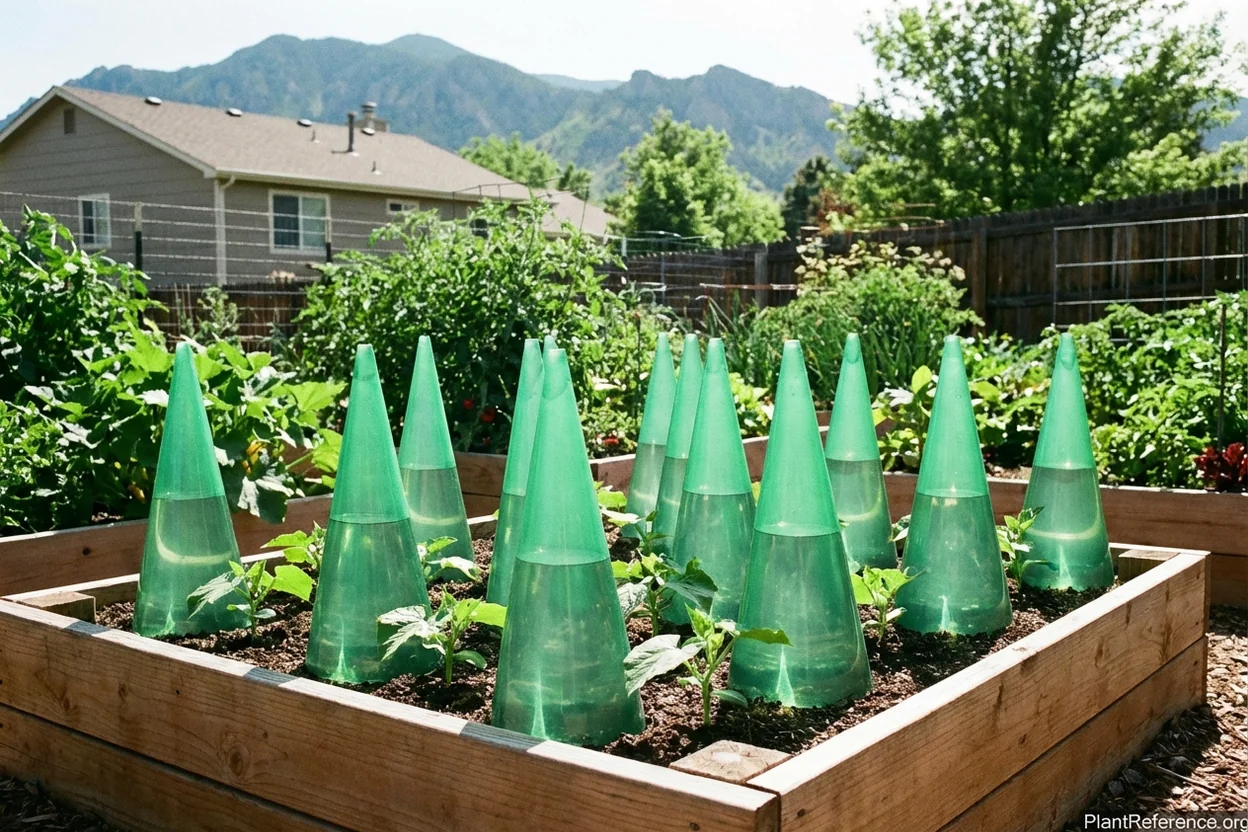 Wall-o-Water season extenders protecting cucumber transplants in Denver Zone 5a garden