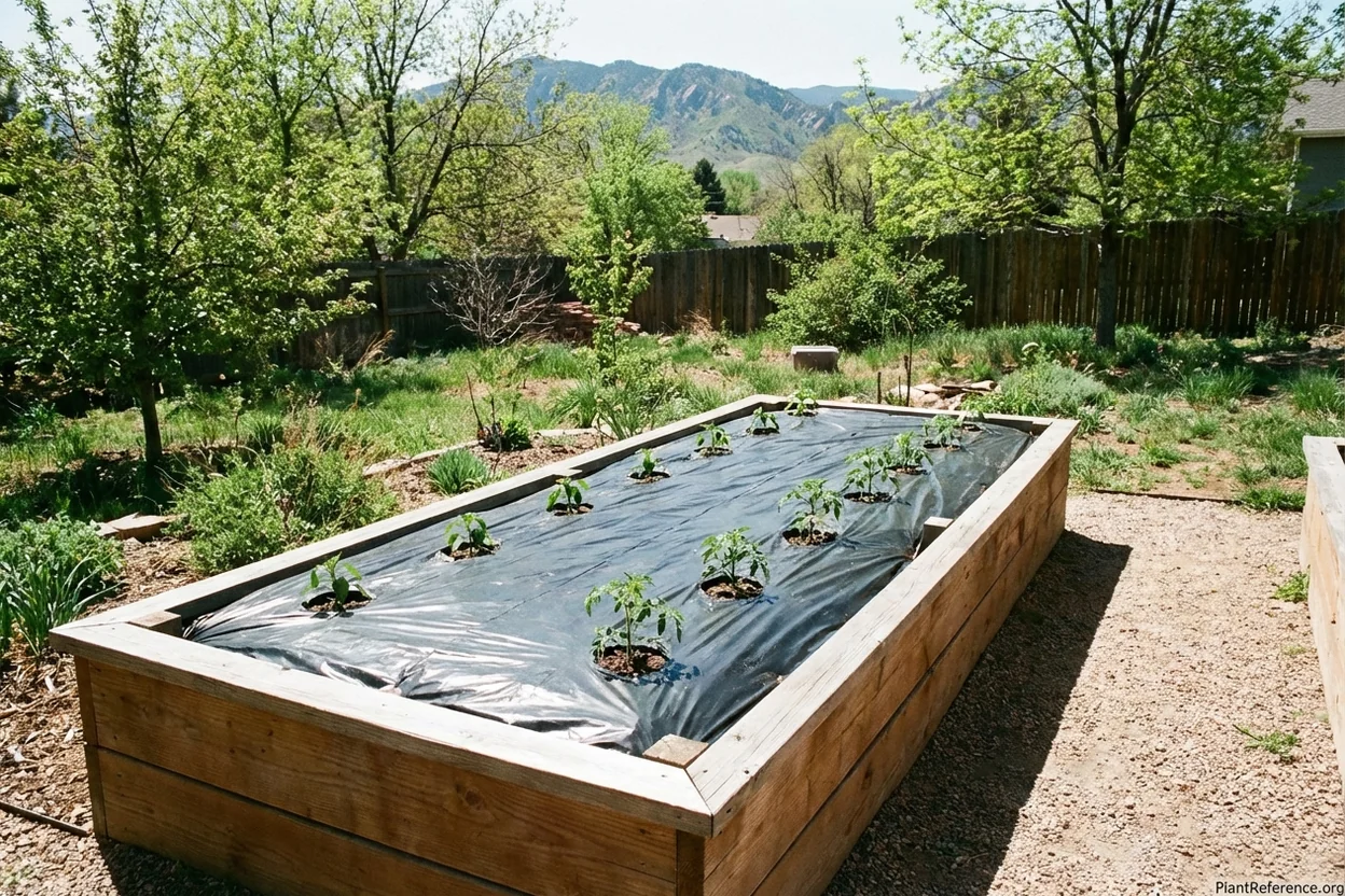 Black plastic mulch pre-warming raised bed soil in Denver garden before cucumber planting