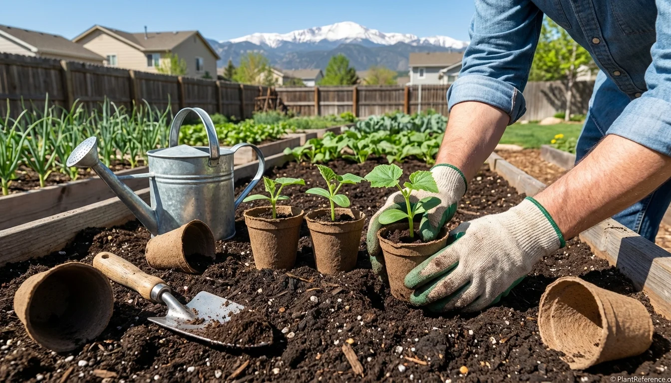 Transplanting cucumber seedlings in Denver garden with Rocky Mountains backdrop showing proper Zone 5a planting timing